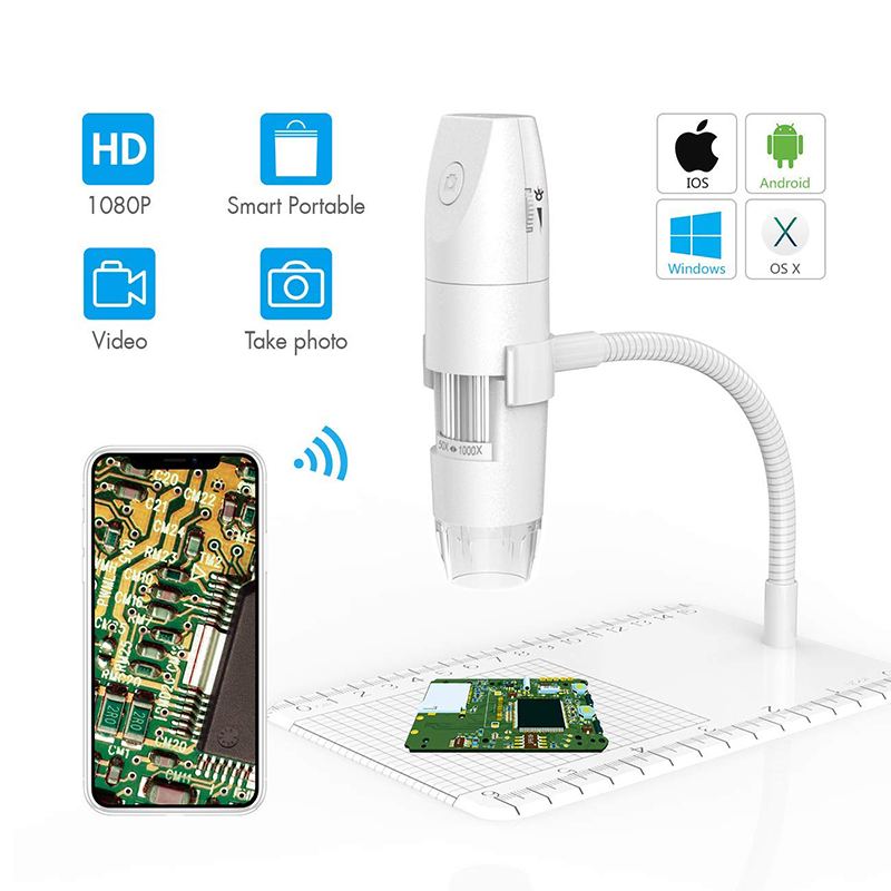 Mikroskop WiFi 50X Do 1000X Bezprzewodowy Cyfrowy Mikroskop, Elastyczne Ramię Stojak Obserwacyjny z 1080 P HD 2.0 MP 8 LED kamera, Mini Ręczny Mikroskop dla Android iOS PC